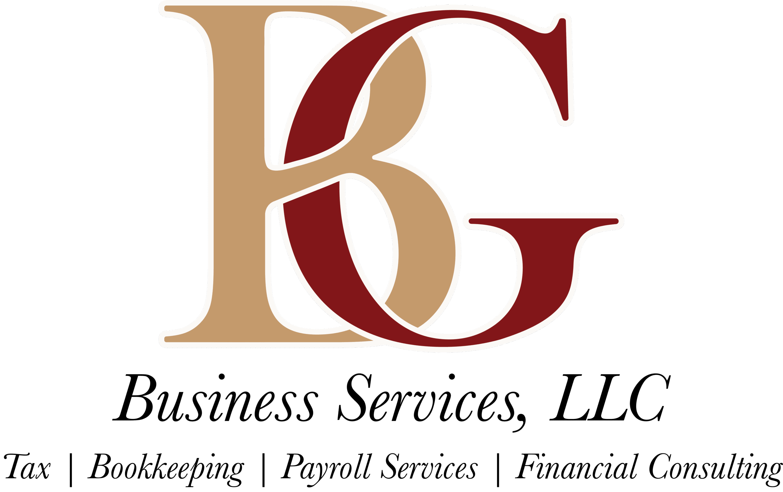 FullLogo Logo for BG Business Services, LLC, offering tax, bookkeeping, payroll services, and financial consulting. Features large stylized BG letters in tan and red.